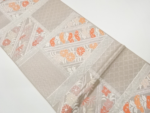 リサイクル　川島織物製　本銀箔変わり横段に笹・花模様織出し袋帯